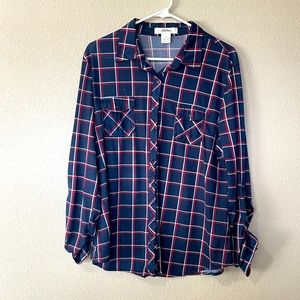Love Potion lightweight navy blue and red plaid button down top